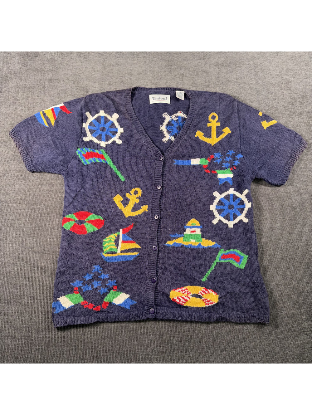 Westbound Nautical Themed Short Sleeve Cardigan Sweater Medium